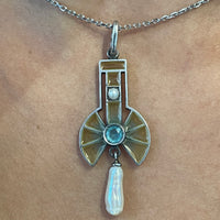 Art Deco Plique a jour silver pendant with pearls-Pendants-The Antique Ring Shop