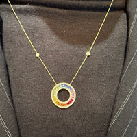 Multi colored carre cut sapphire and diamond pendant
