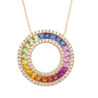 Multi colored carre cut sapphire and diamond pendant