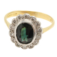 Vintage green sapphire and diamond cluster ring-engagement rings-The Antique Ring Shop