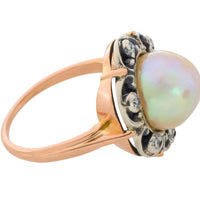 Pearl and single cut diamond ring in silver and gold-Antique rings-The Antique Ring Shop