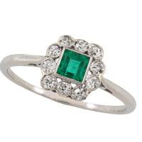 Art Deco platinum ring with emerald and diamonds-engagement rings-The Antique Ring Shop