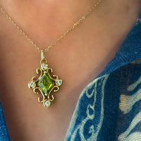 Peridot and diamond pendant in 18 carat gold-Pendants-The Antique Ring Shop