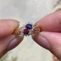 Ruby and sapphire double cluster ring