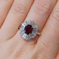 Baguette diamond and ruby ring in white gold