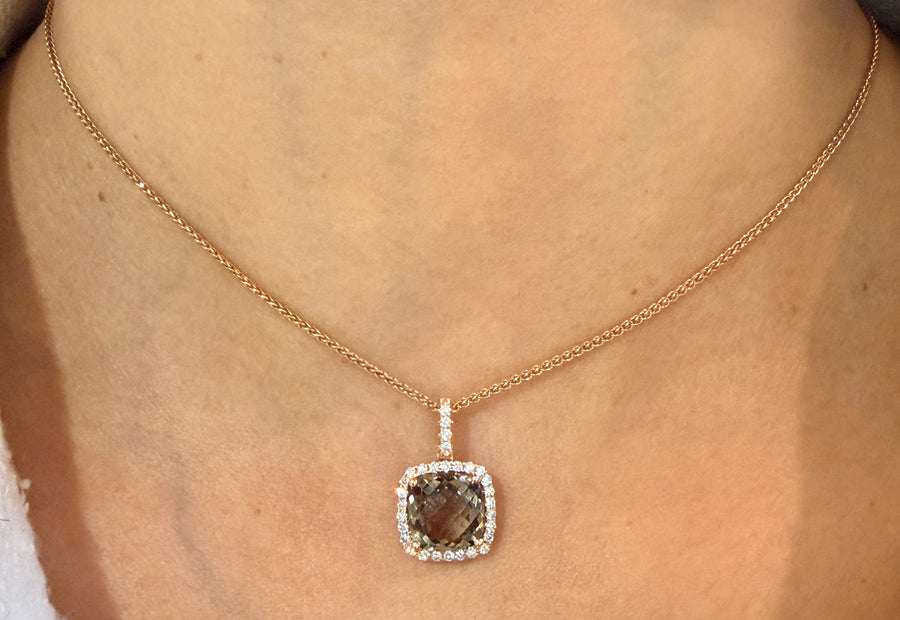 Smoked quartz and diamond pendant in 18 carat gold-Pendants-The Antique Ring Shop