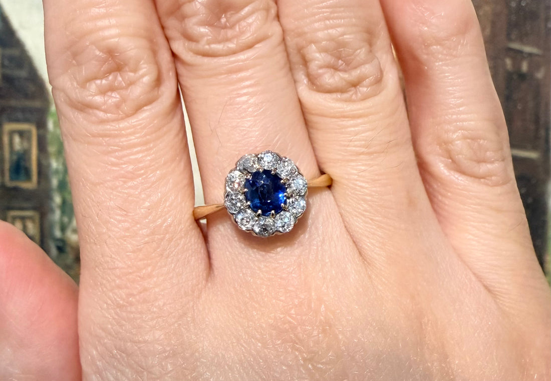 Edwardian sapphire an old cut diamond cluster ring-Antique rings-The Antique Ring Shop