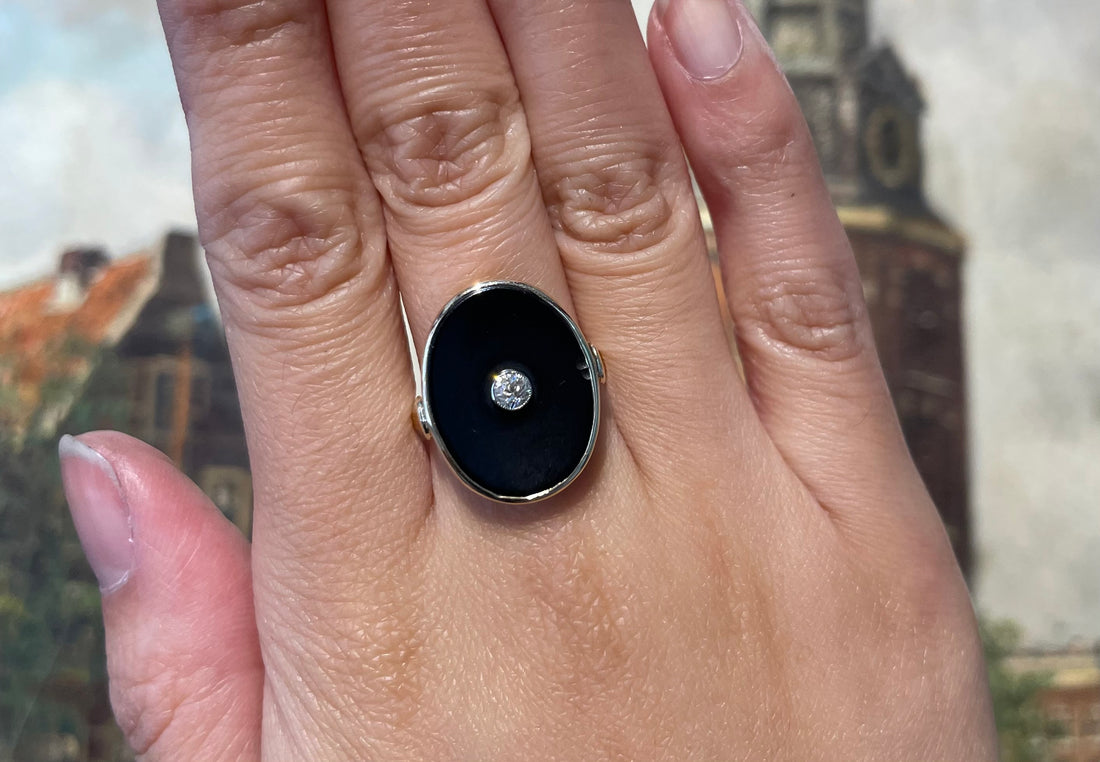 Onyx and old cut diamond ring in 14 carat gold-Vintage Rings-The Antique Ring Shop