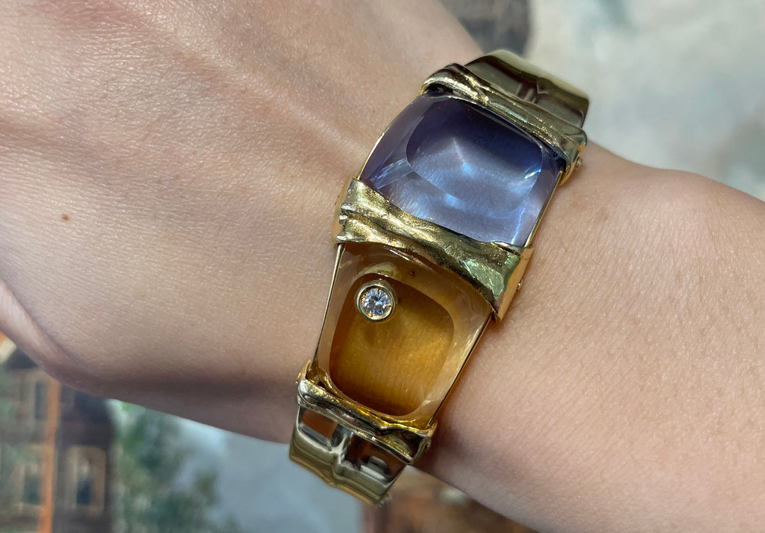 Vintage 18 carat gold topaz, citrine and diamond bracelet-Bracelets-The Antique Ring Shop