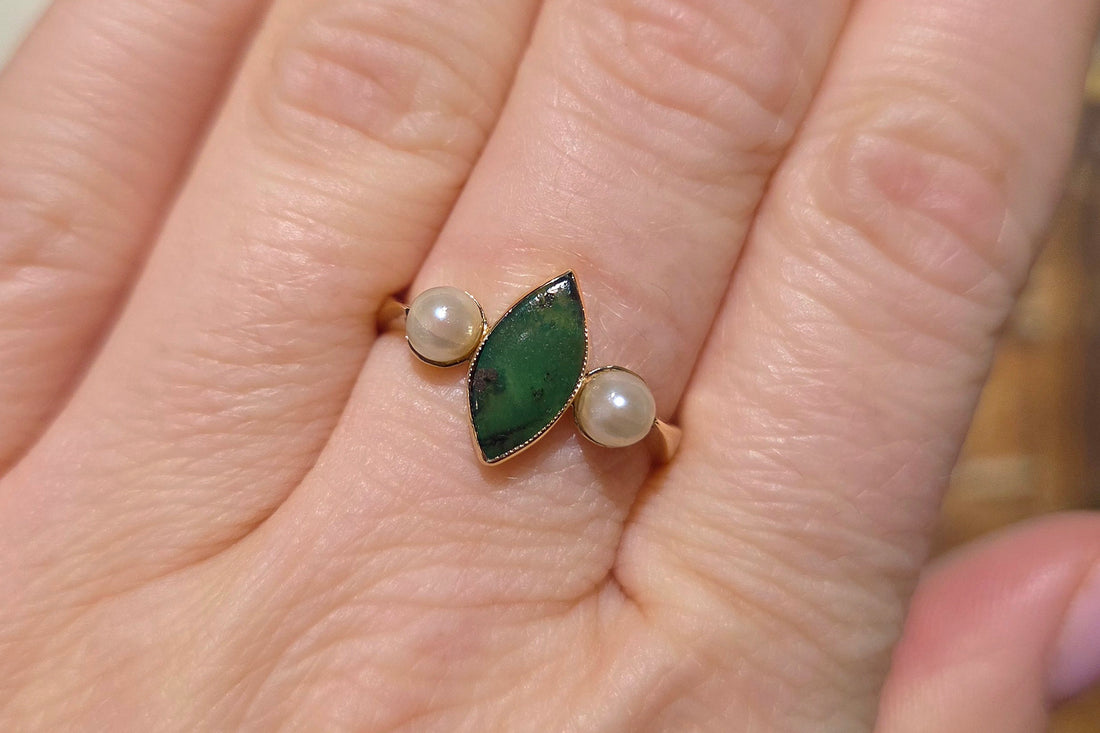 Vintage jade and pearl ring-Vintage Rings-The Antique Ring Shop