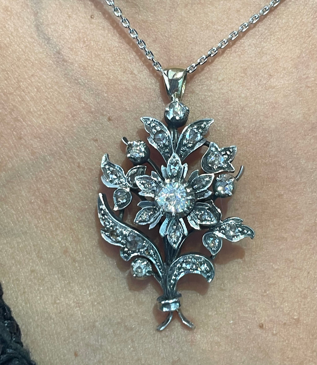 Rose diamond flower pendant in silver and gold-Pendants-The Antique Ring Shop