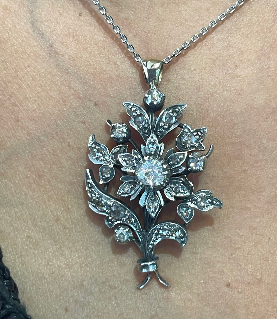 Rose diamond flower pendant in silver and gold-Pendants-The Antique Ring Shop