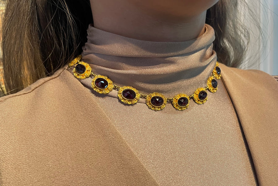 Antique garnet boat collier in 18 carat gold-Necklaces-The Antique Ring Shop