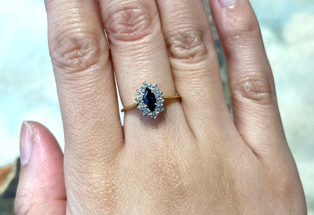 Vintage sapphire and diamond marquise ring-engagement rings-The Antique Ring Shop