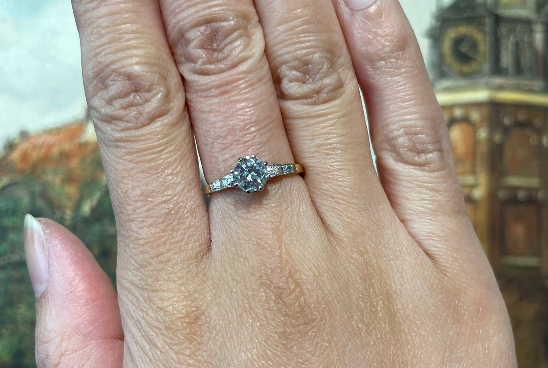 Vintage three stone diamond ring in platinum and gold-engagement rings-The Antique Ring Shop