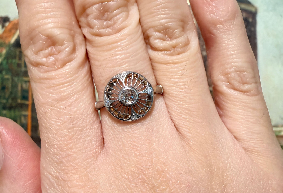 Art Deco filigree ring with old cut diamonds-Antique rings-The Antique Ring Shop