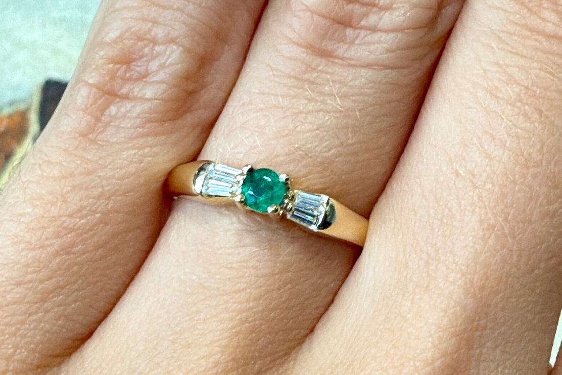 Emerald and baguette diamond ring in 18 carat gold-engagement rings-The Antique Ring Shop