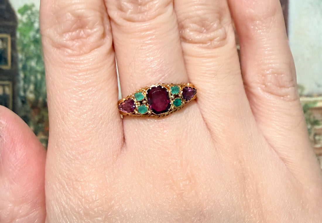 Victorian garnet and emerald ring from 1872-Antique rings-The Antique Ring Shop