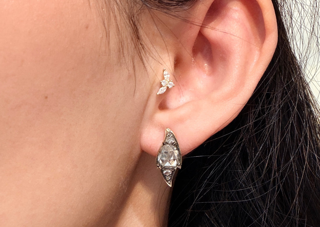 Rose diamond studs in silver and 14 carat gold-Earrings-The Antique Ring Shop