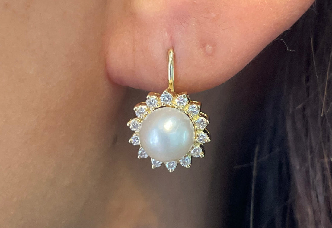 Pearl and diamond earrings in 14 carat gold-Earrings-The Antique Ring Shop