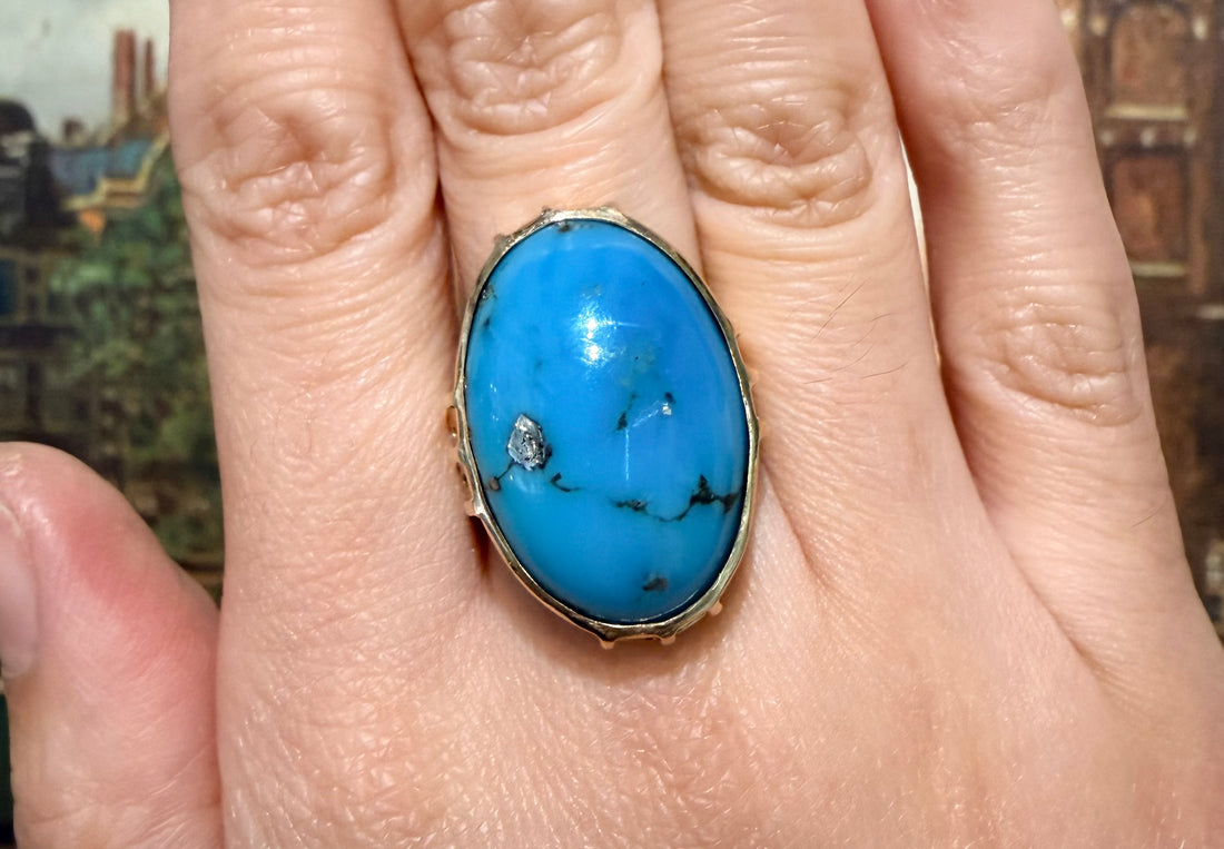 Cabochon turquoise ring in 14 carat gold-Vintage Rings-The Antique Ring Shop