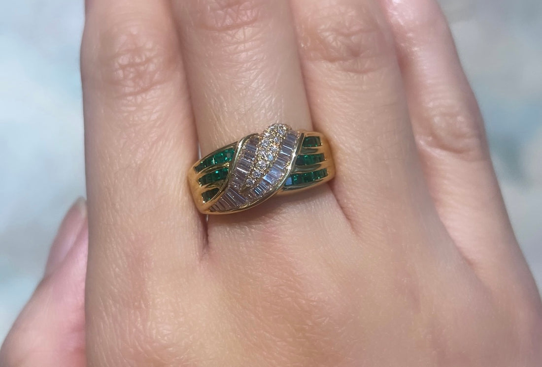 Baguette and brilliant cut diamond ring with emeralds-vintage rings-The Antique Ring Shop