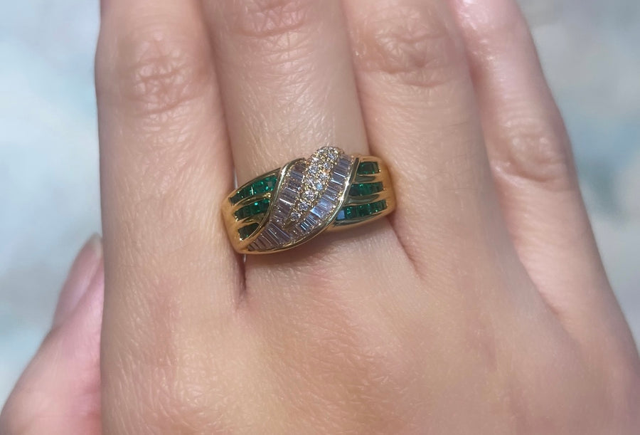 Baguette and brilliant cut diamond ring with emeralds-vintage rings-The Antique Ring Shop