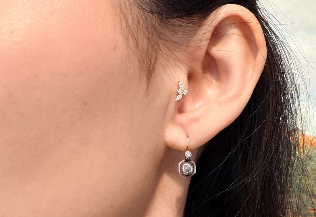 Antique diamond earrings in 14 carat gold and silver-Earrings-The Antique Ring Shop