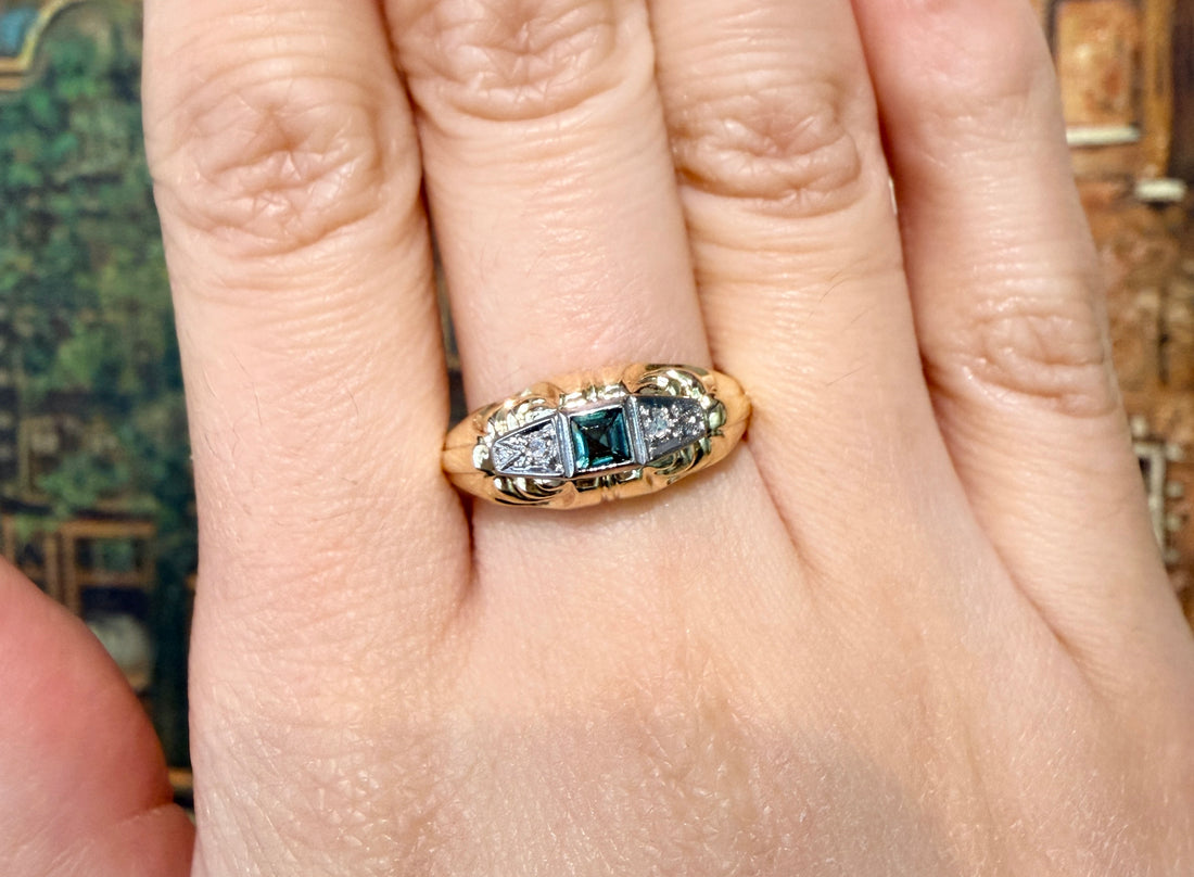 Tourmaline and diamond ring in 14 carat gold-Vintage Rings-The Antique Ring Shop