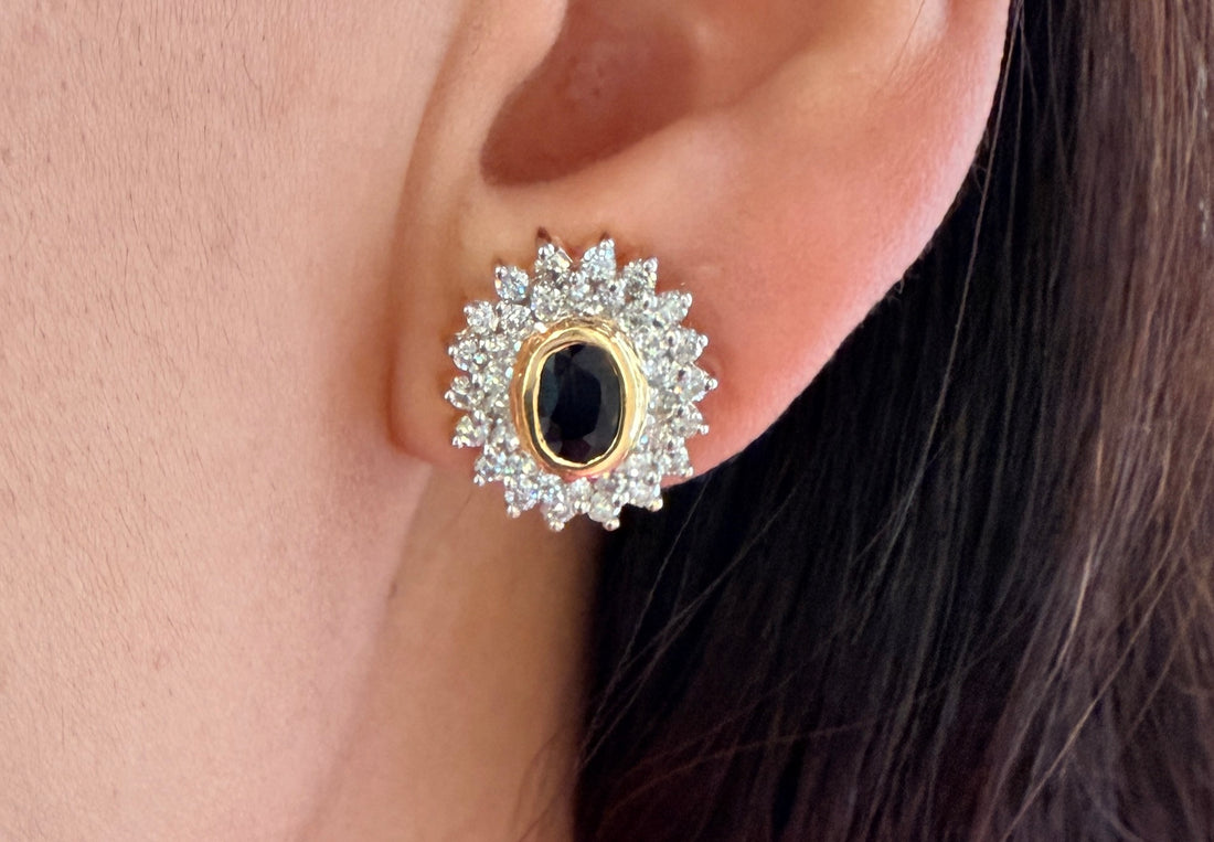 18 carat gold sapphire and diamond studs-Earrings-The Antique Ring Shop