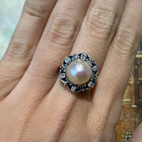 Pearl and single cut diamond ring in silver and gold-Antique rings-The Antique Ring Shop