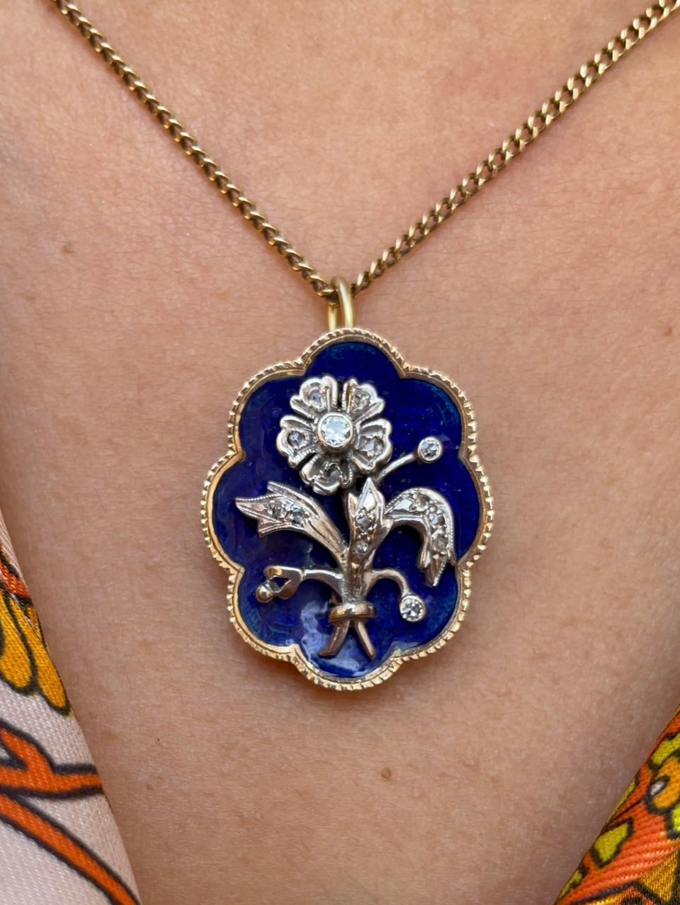 Blue enamel pendant with diamond in silver and gold-Pendants-The Antique Ring Shop