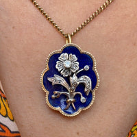 Blue enamel pendant with diamond in silver and gold-Pendants-The Antique Ring Shop