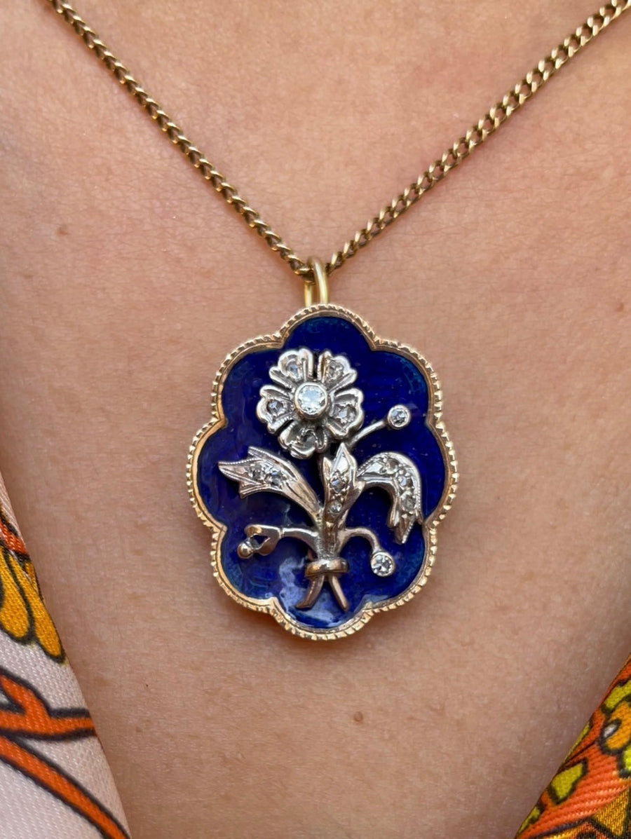 Blue enamel pendant with diamond in silver and gold-Pendants-The Antique Ring Shop