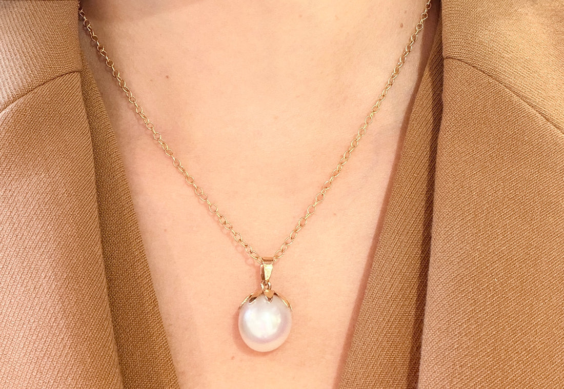 Pearl pendant and chain in 14 carat gold-Pendants-The Antique Ring Shop