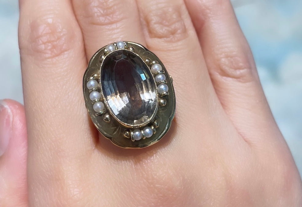 Smoked quartz and pearl cocktail ring in 14 carat gold-Vintage & retro rings-The Antique Ring Shop