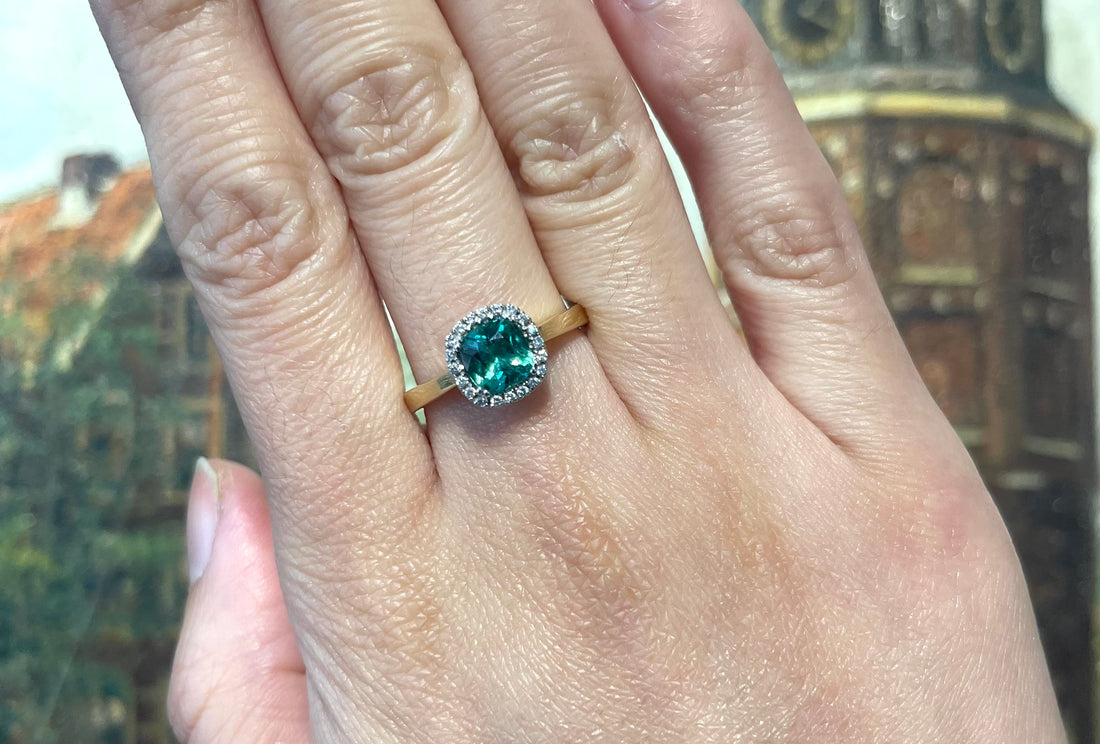 Emerald and diamond ring in 18 carat gold-engagement rings-The Antique Ring Shop