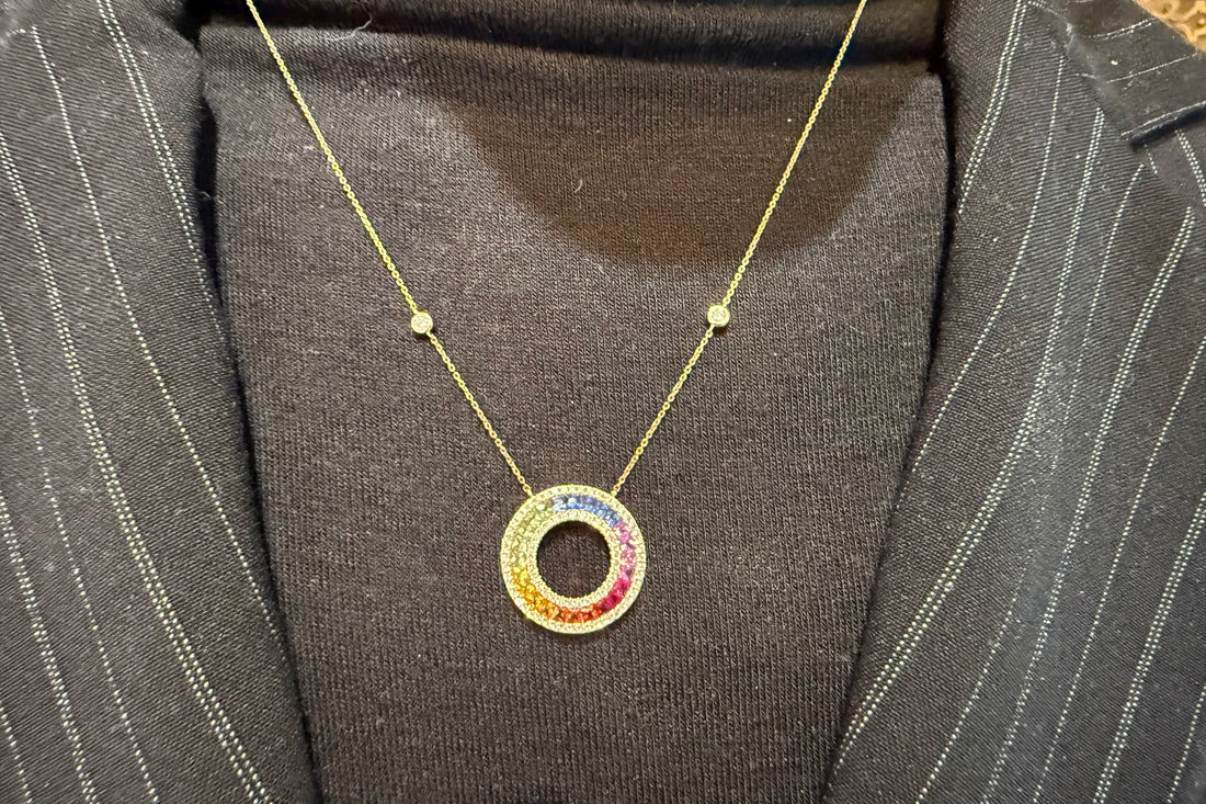 Multi colored carre cut sapphire and diamond pendant