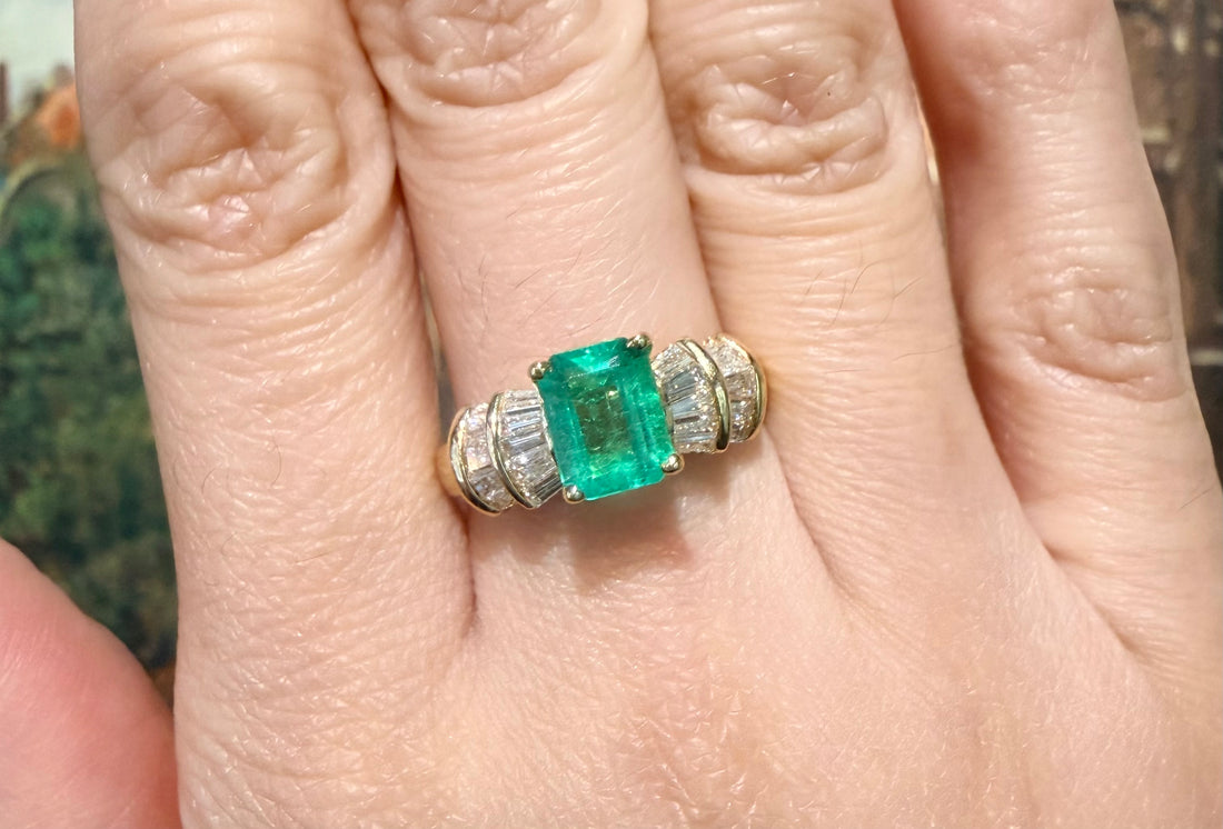Emerald and baguette cut diamond ring in 18 carat gold-engagement rings-The Antique Ring Shop