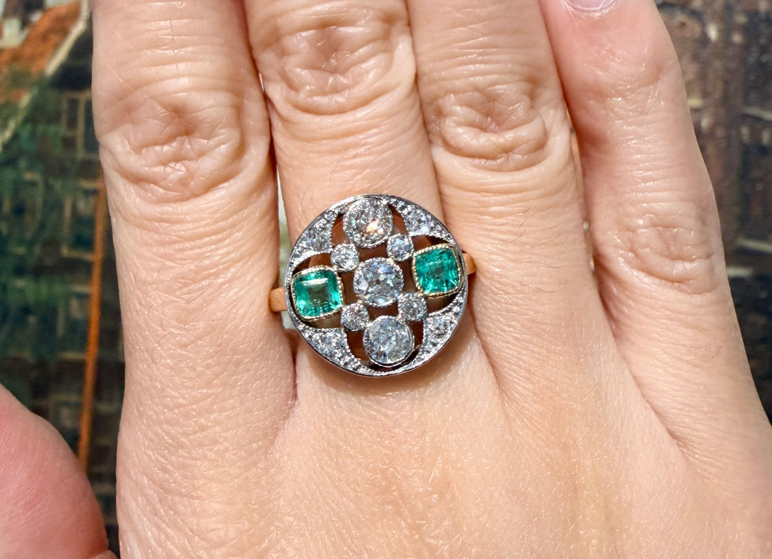 Art Deco old cut diamond and emerald ring-Vintage Rings-The Antique Ring Shop
