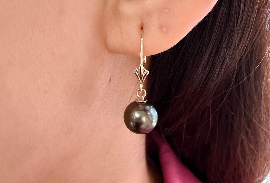 Grey pearl earrings in 14 carat gold-Earrings-The Antique Ring Shop