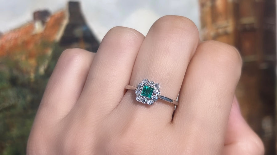 Art Deco platinum ring with emerald and diamonds-engagement rings-The Antique Ring Shop