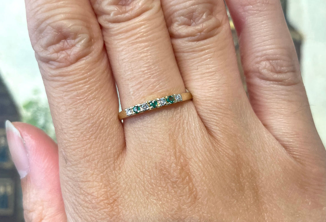 14 carat gold emerald and diamond ring-Vintage Rings-The Antique Ring Shop