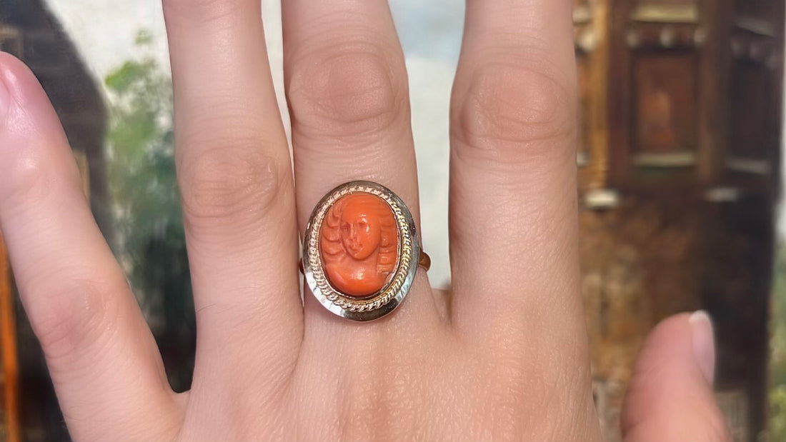 Coral cameo ring in 14 carat gold-vintage rings-The Antique Ring Shop