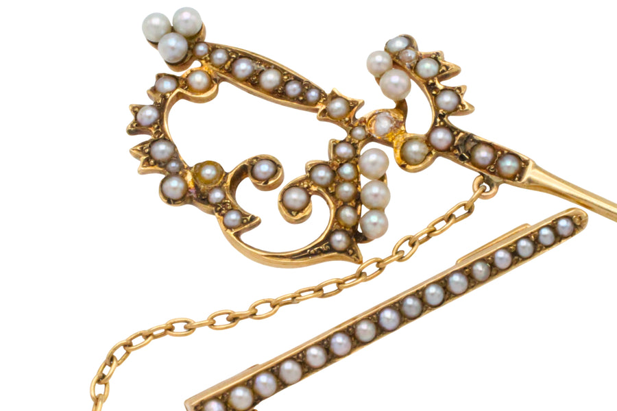 14 carat gold sword pin with pearls-Brooches-The Antique Ring Shop