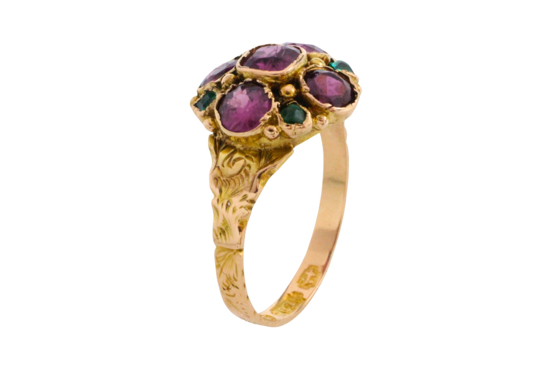 Victorian garnet and emerald cluster ring