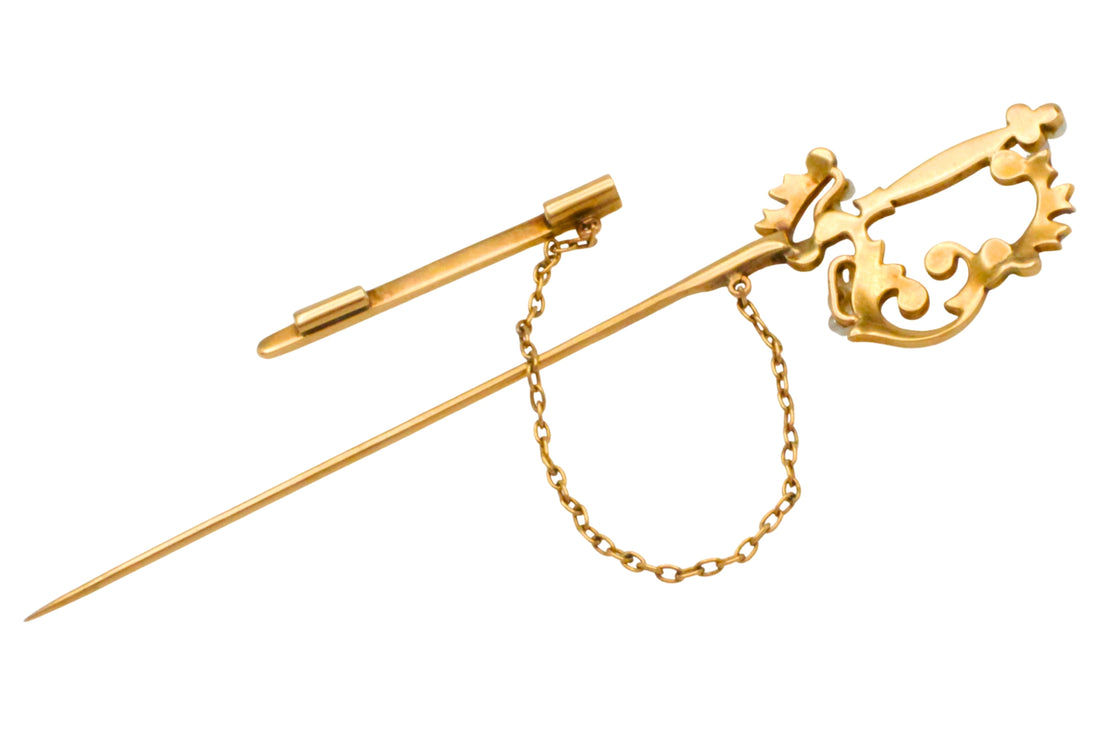 14 carat gold sword pin with pearls-Brooches-The Antique Ring Shop