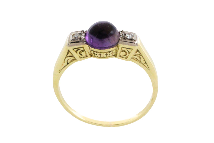 Cabochon amethyst ring with diamonds-Vintage Rings-The Antique Ring Shop