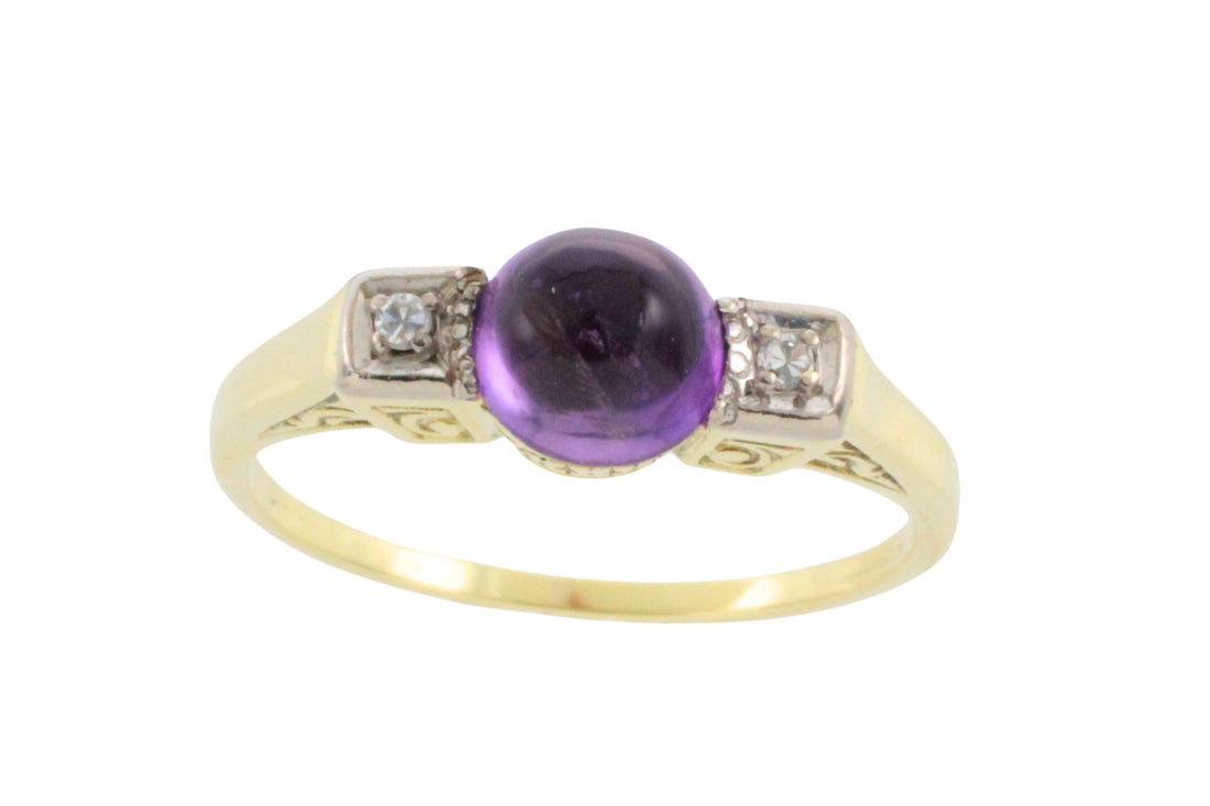 Cabochon amethyst ring with diamonds-Vintage Rings-The Antique Ring Shop