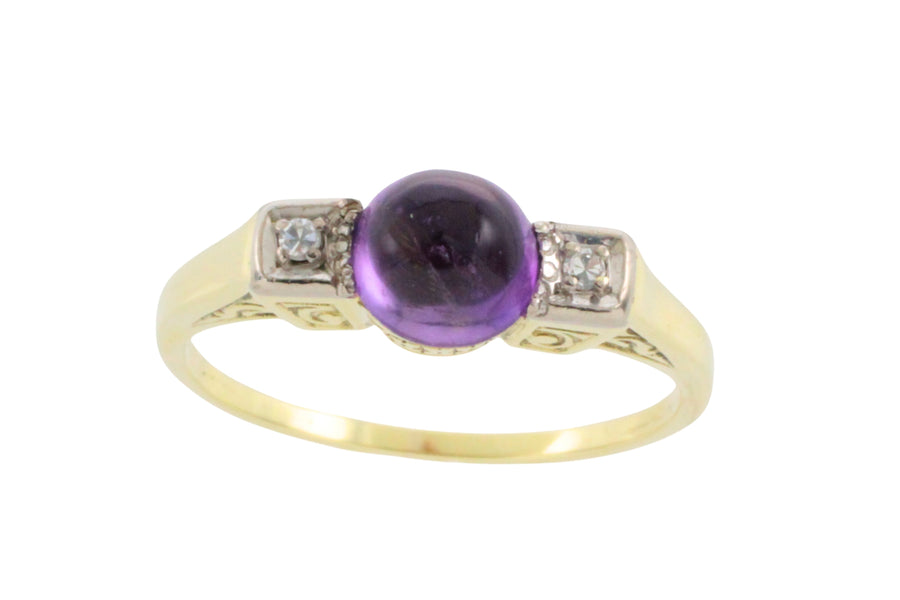 Cabochon amethyst ring with diamonds-Vintage Rings-The Antique Ring Shop
